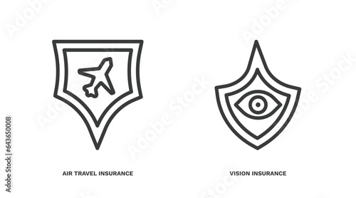 set of insurance and coverage thin line icons. insurance and coverage outline icons included air travel insurance, vision vector.