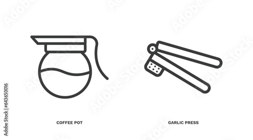 set of kitchen thin line icons. kitchen outline icons included coffee pot, garlic press vector.