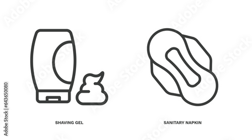 set of hygiene and sanitation thin line icons. hygiene and sanitation outline icons included shaving gel, sanitary napkin vector.