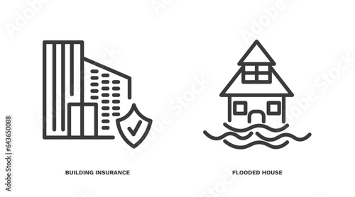 set of insurance and coverage thin line icons. insurance and coverage outline icons included building insurance, flooded house vector.