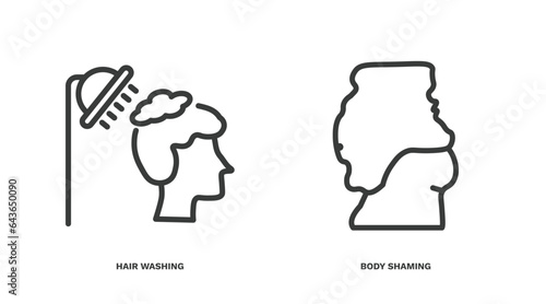 set of hygiene and sanitation thin line icons. hygiene and sanitation outline icons included hair washing, body shaming vector.