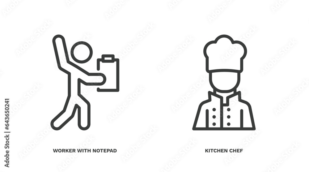 set of humans and behavior thin line icons. humans and behavior outline icons included worker with notepad, kitchen chef vector. set of humans and behavior thin line icons. humans and behavior outline icons included worker with notepad, kitchen chef vector.