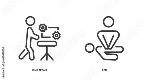 set of humans and behavior thin line icons. humans and behavior outline icons included hine repair, cpr vector.