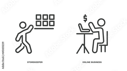set of humans and behavior thin line icons. humans and behavior outline icons included storekeeper, online business vector.