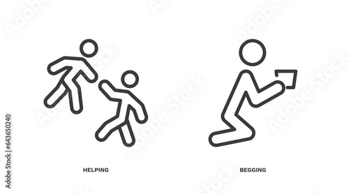 set of humans and behavior thin line icons. humans and behavior outline icons included helping, begging vector.