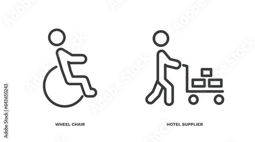 set of humans and behavior thin line icons. humans and behavior outline icons included wheel chair, hotel supplier vector.