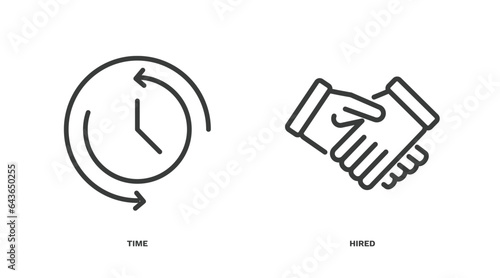 set of human resources thin line icons. human resources outline icons included time, hired vector.