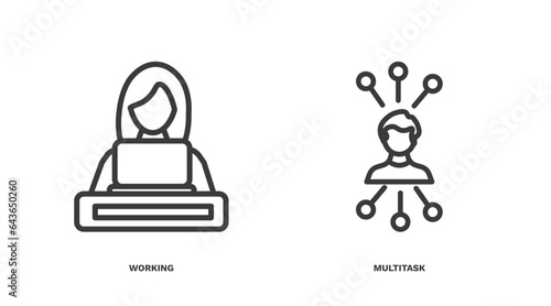 set of human resources thin line icons. human resources outline icons included working, multitask vector.