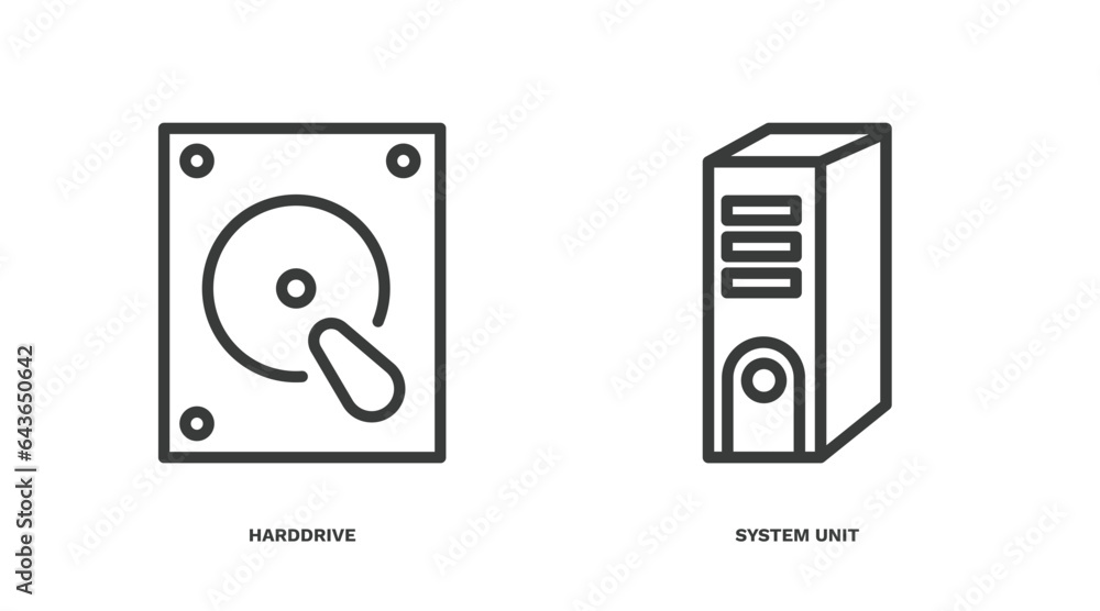 set of hardware and equipment thin line icons. hardware and equipment outline icons included harddrive, system unit vector. set of hardware and equipment thin line icons. hardware and equipment outline icons included harddrive, system unit vector.