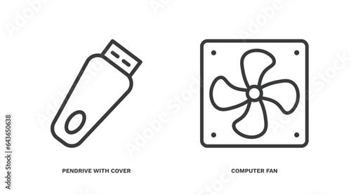set of hardware and equipment thin line icons. hardware and equipment outline icons included pendrive with cover, computer fan vector.