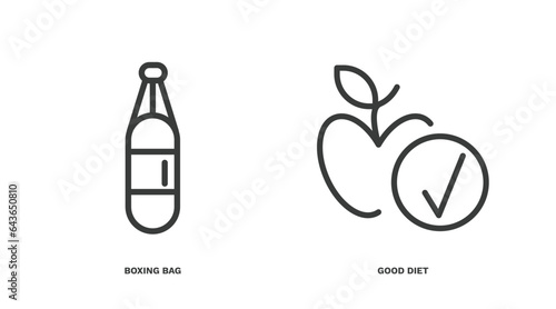 set of fitness and gym thin line icons. fitness and gym outline icons included boxing bag, good diet vector.