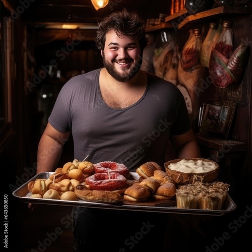 Young fat man holding a tray of junk food