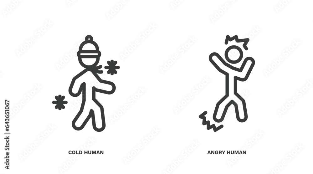 Naklejka premium set of feeling and reaction thin line icons. feeling and reaction outline icons included cold human, angry human vector.