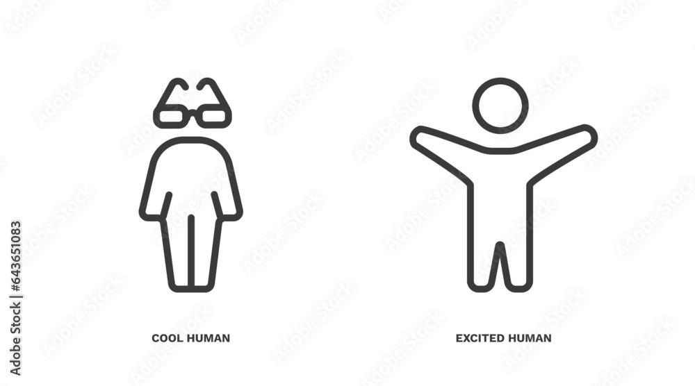 set of feeling and reaction thin line icons. feeling and reaction outline icons included cool human, excited human vector.