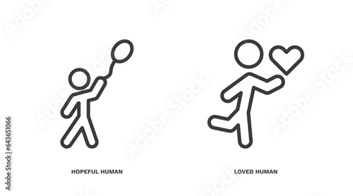 set of feeling and reaction thin line icons. feeling and reaction outline icons included hopeful human, loved human vector.