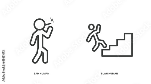 set of feeling and reaction thin line icons. feeling and reaction outline icons included bad human, blah human vector.