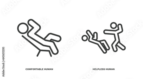 set of feeling and reaction thin line icons. feeling and reaction outline icons included comfortable human, helpless human vector.