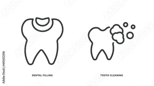 set of dental health thin line icons. dental health outline icons included dental filling, tooth cleaning vector.