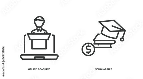 set of distance learning thin line icons. distance learning outline icons included online coaching, scholarship vector.