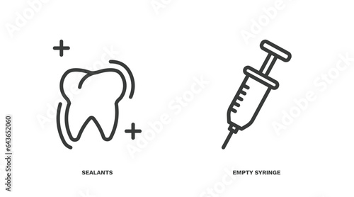 set of dental health thin line icons. dental health outline icons included sealants, empty syringe vector.