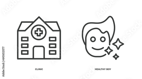 set of dental health thin line icons. dental health outline icons included clinic, healthy boy vector.