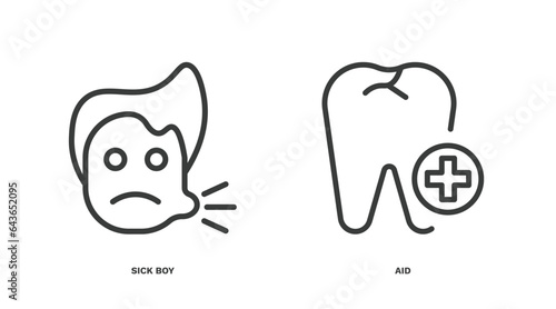 set of dental health thin line icons. dental health outline icons included sick boy, aid vector.