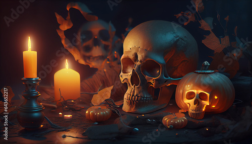 Halloween Background with Candles, Skull and Pumpkin Decoration. Atmospheric Graveyard Tabletop, Ai generated image