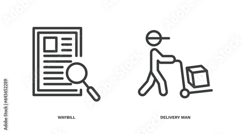 set of delivery and logistics thin line icons. delivery and logistics outline icons included waybill, delivery man vector.