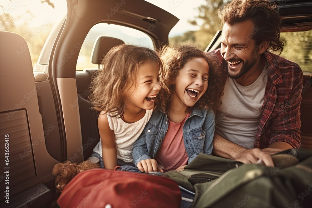 Family in car, ready for road trip. Happy people, travel, vacation, vehicle, journey. - obrazy, fototapety, plakaty 