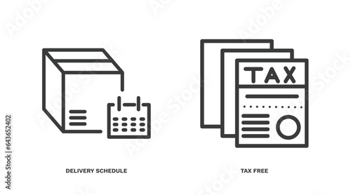 set of delivery and logistics thin line icons. delivery and logistics outline icons included delivery schedule, tax free vector.