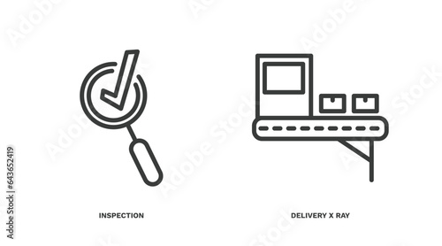 set of delivery and logistics thin line icons. delivery and logistics outline icons included inspection, delivery x ray vector.