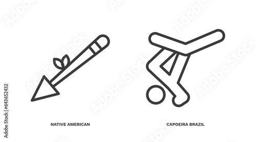 set of culture and civilization thin line icons. culture and civilization outline icons included native american spear, capoeira brazil dancers vector.