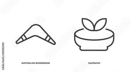 set of culture and civilization thin line icons. culture and civilization outline icons included australian boomerang, gazpacho vector.