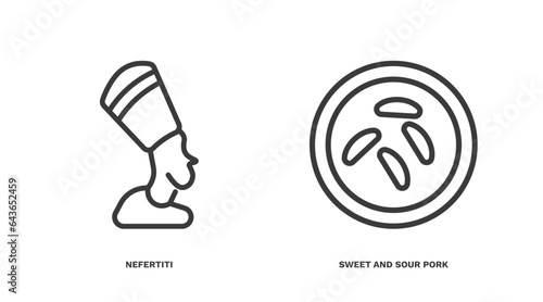 set of culture and civilization thin line icons. culture and civilization outline icons included nefertiti, sweet and sour pork vector.
