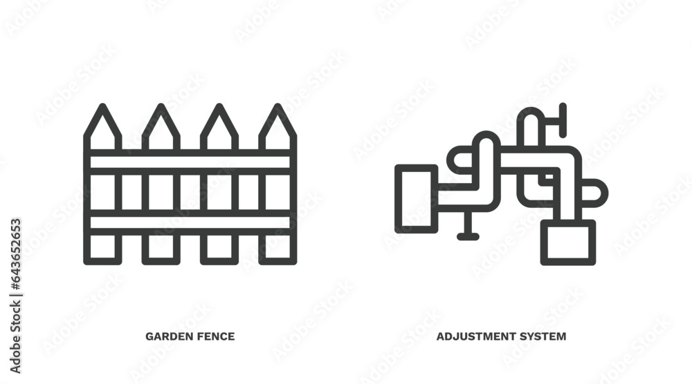 set of construction thin line icons. construction outline icons included garden fence, adjustment system vector.