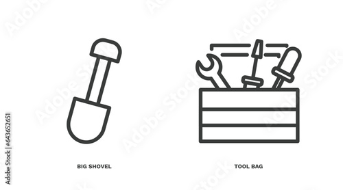 set of construction thin line icons. construction outline icons included big shovel, tool bag vector.