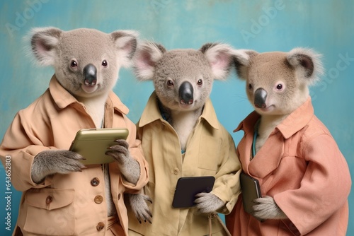  koalas in bright colored clothes with hones photo