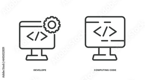 set of computer and tech thin line icons. computer and tech outline icons included develope, computing code vector.