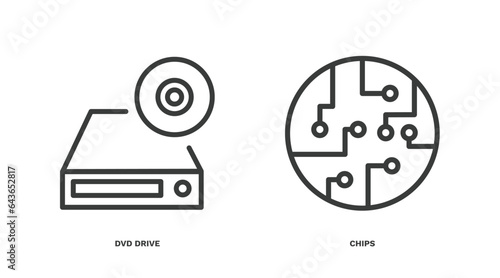 set of computer and tech thin line icons. computer and tech outline icons included dvd drive, chips vector.