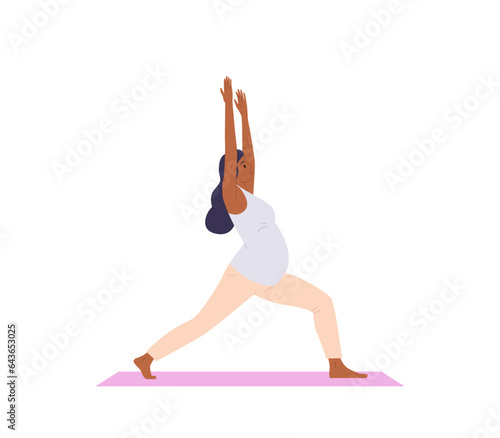 Pregnant woman cartoon character doing yoga standing in warrior asana position isolated on white