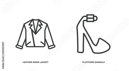 set of clothes and outfit thin line icons. clothes and outfit outline icons included leather biker jacket, platform sandals vector.