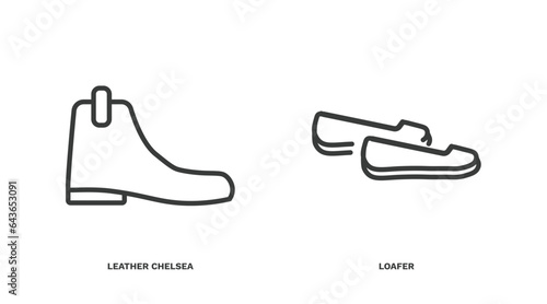 set of clothes and outfit thin line icons. clothes and outfit outline icons included leather chelsea boots, loafer vector.