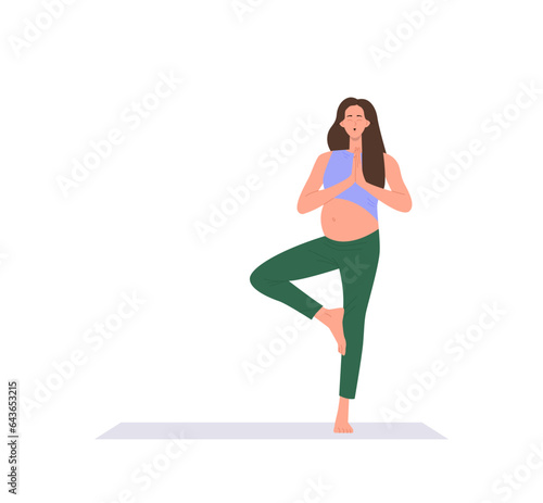 Calm pregnant woman cartoon character standing in tree yoga pose meditating for stress relief