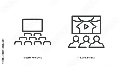 set of cinema and theater thin line icons. cinema and theater outline icons included cinema audience, theatre screen vector.