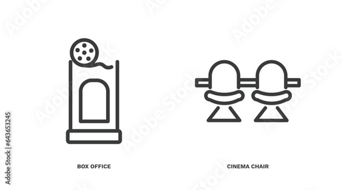 set of cinema and theater thin line icons. cinema and theater outline icons included box office, cinema chair vector. photo