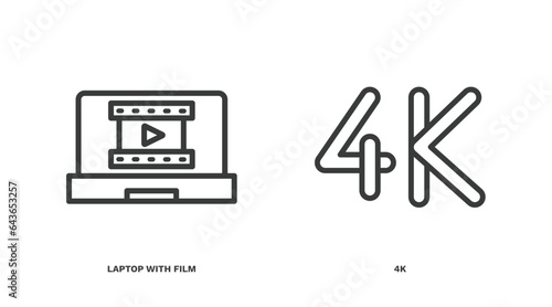 set of cinema and theater thin line icons. cinema and theater outline icons included laptop with film strip, 4k vector.