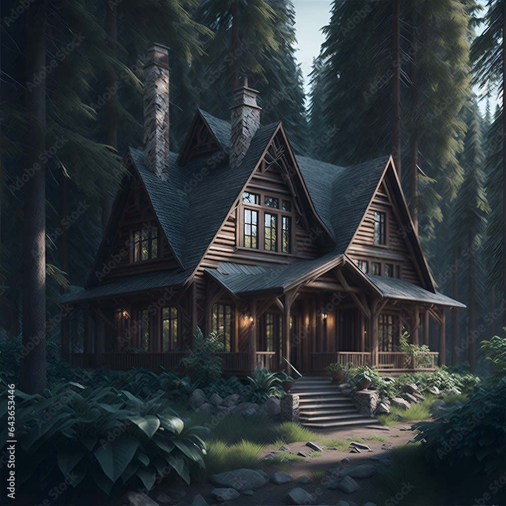 An old, wooden, single family home in a forest - obrazy, fototapety, plakaty 