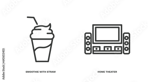 set of cinema and theater thin line icons. cinema and theater outline icons included smoothie with straw, home theater vector.
