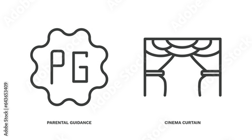 set of cinema and theater thin line icons. cinema and theater outline icons included parental guidance, cinema curtain vector.