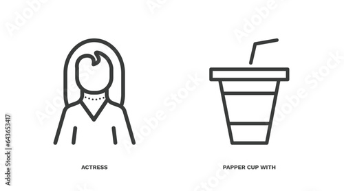 set of cinema and theater thin line icons. cinema and theater outline icons included actress, papper cup with straw vector.